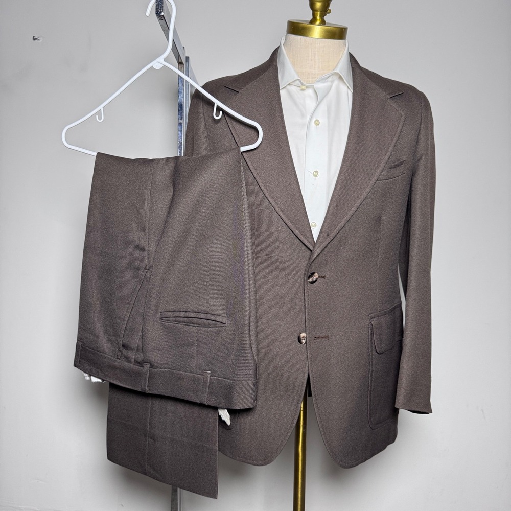 1970s Palm Beach Suit Mens 38R 35x30 Brown Solid Twill Vintage 70s Rich's USA
